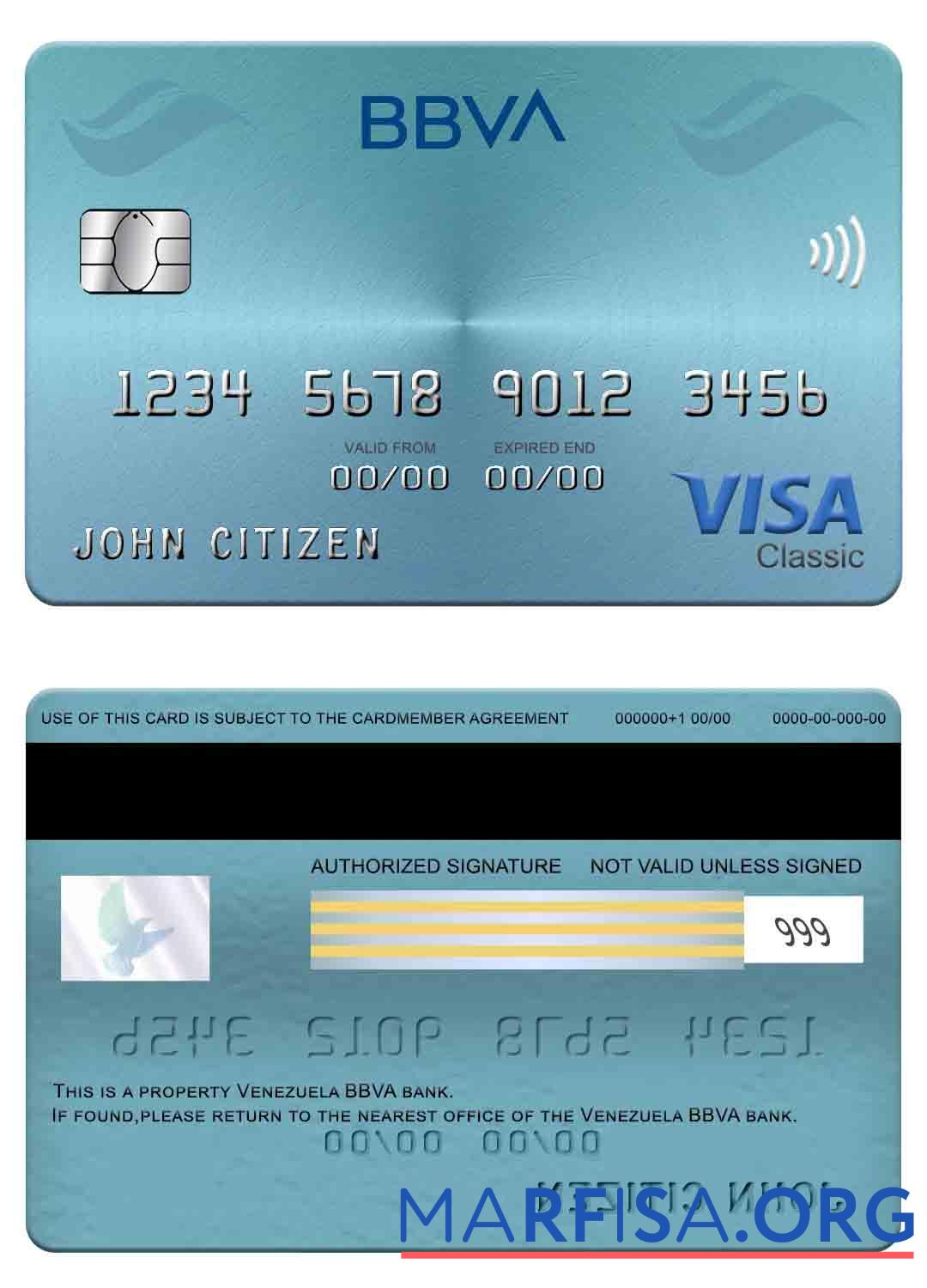 Printable Venezuela BBVA bank visa classic card download for verification